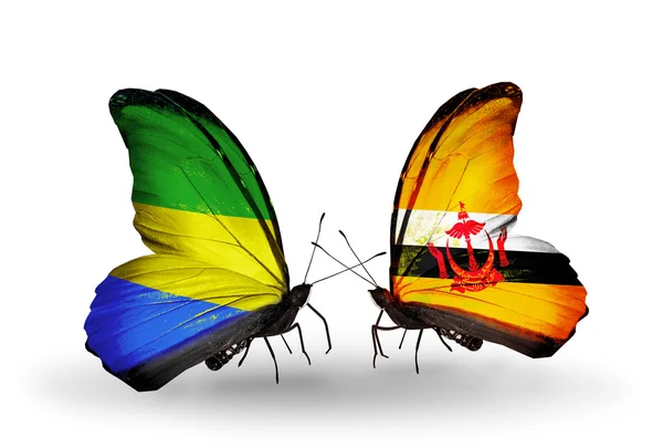 Motyle z Gabonu i brunei flagi na skrzydłach — Zdjęcie stockowe