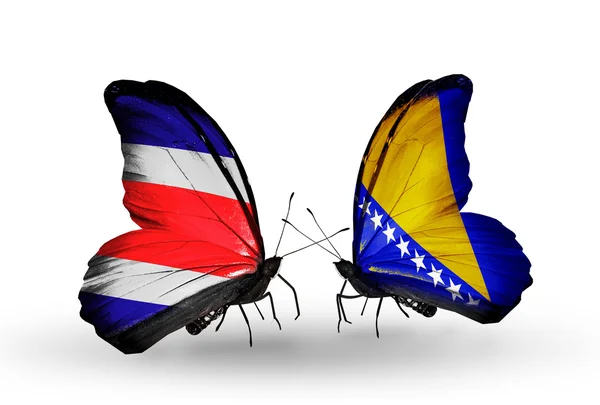 Schmetterlinge mit Costa Rica und Bosnien-Herzegowina-Flaggen auf Flügeln — Stockfoto
