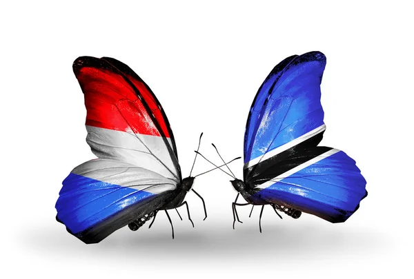 Papillons avec drapeaux du Luxembourg et du Botswana sur les ailes — Photo