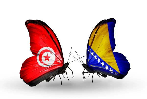 Mariposas con banderas de Túnez y Bosnia y Herzegovina en alas — Foto de Stock