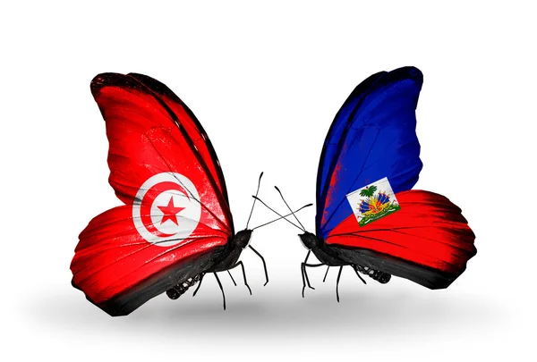 Farfalle con bandiere Tunisia e Haiti sulle ali — Foto Stock