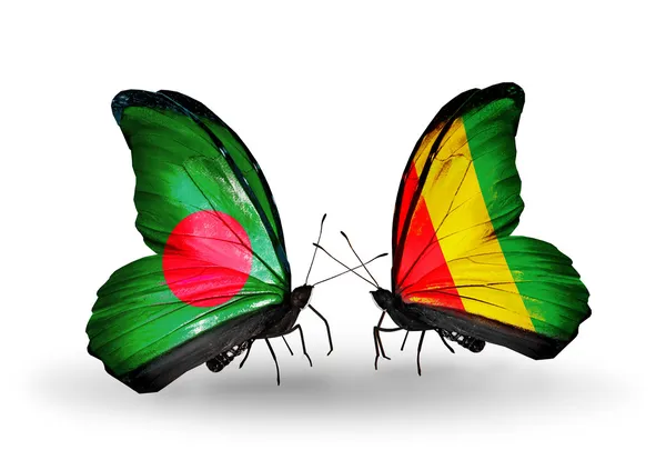 蝴蝶翅膀上的孟加拉国和几内亚标志 — 图库照片