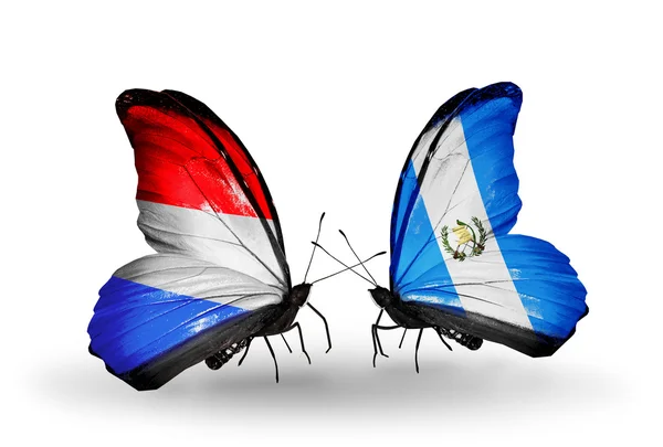 Farfalle con bandiere Lussemburgo e Guatemala sulle ali — Foto Stock