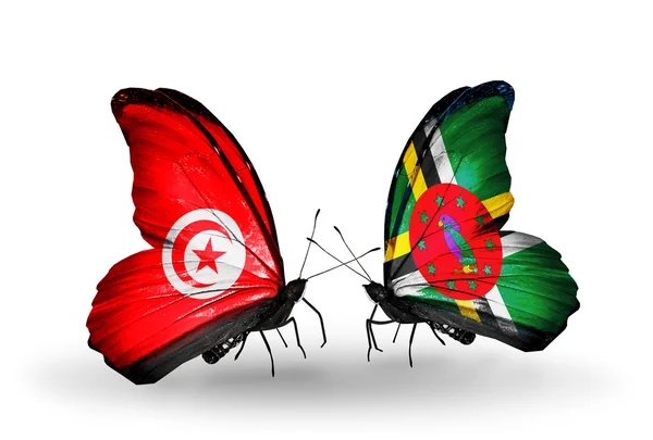 Farfalle con bandiere Tunisia e Dominica sulle ali — Foto Stock