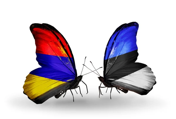 Mariposas con banderas de Armenia y Estonia en alas — Foto de Stock