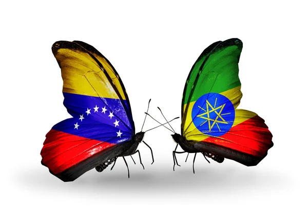 Butterflies with Venezuela and  Ethiopia flags on wings — Stock Photo, Image