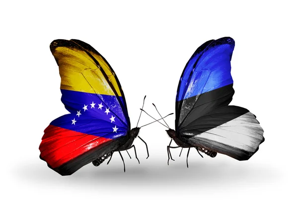 Papillons avec drapeaux Venezuela et Estonie sur les ailes — Photo