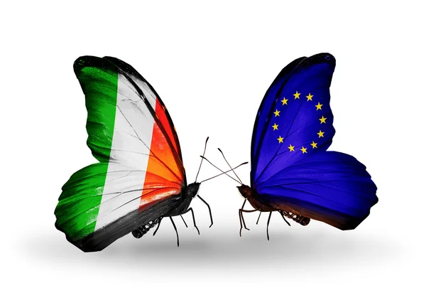 Mariposas con banderas de Irlanda y de la Unión Europea en alas — Foto de Stock