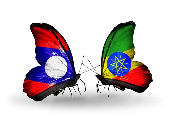 Butterflies with Laos and  Ethiopia flags on wings — Stock Photo, Image