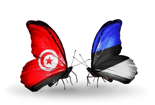 Papillons avec drapeaux Tunisie et Estonie sur les ailes — Photo