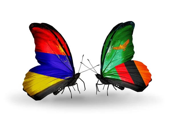 Kelebekler kanat Zambiya ve Ermenistan bayrakları ile나비 날개에 아르메니아와 잠비아 플래그 — Stok fotoğraf