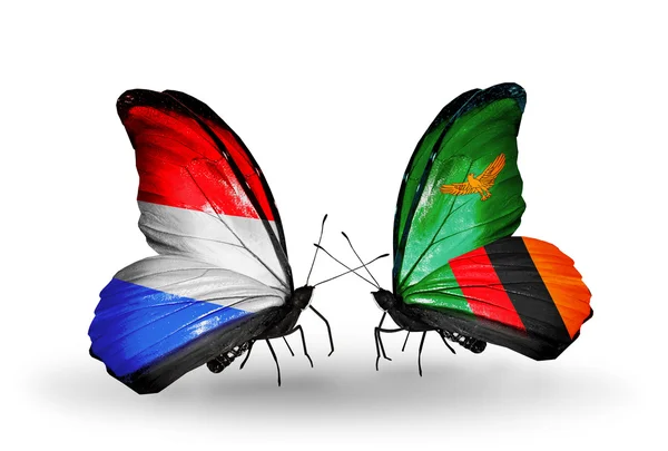 Schmetterlinge mit Luxemburg und Sambia Fahnen auf Flügeln — Stockfoto