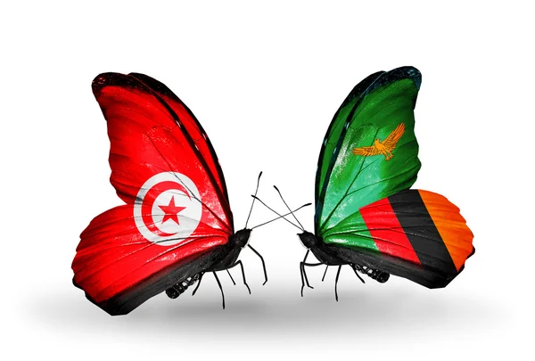 Farfalle con bandiere Tunisia e Zambia sulle ali — Foto Stock