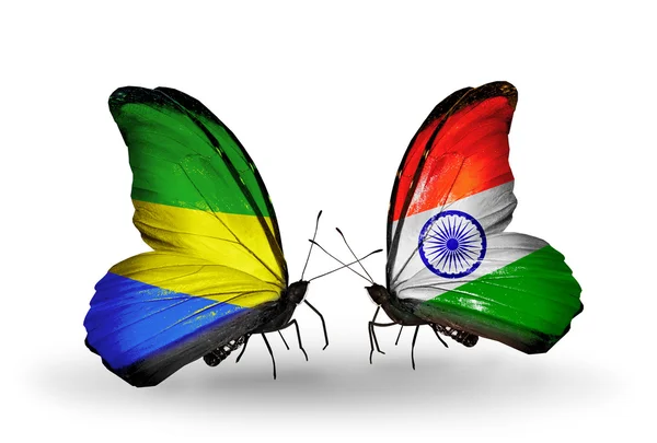 Butterflies with Gabon and India flags on wings — Stock Photo, Image