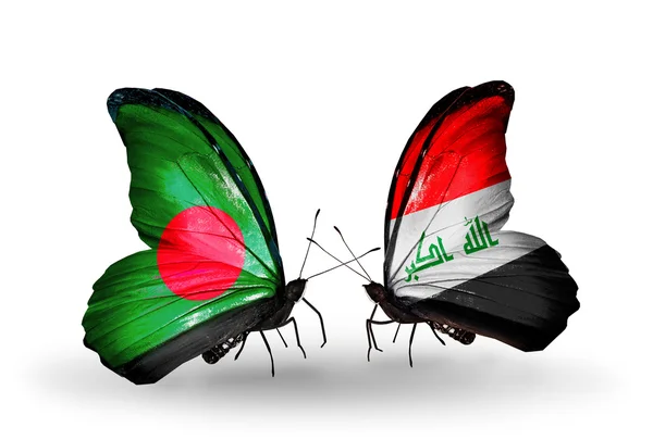 Butterflies with Bangladesh and Iraq flags on wings — Stock Photo, Image