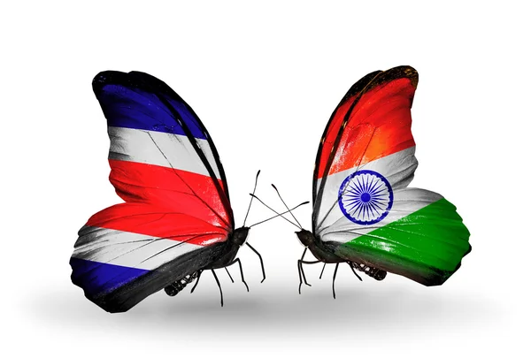Mariposas con banderas de Costa Rica e India en alas —  Fotos de Stock