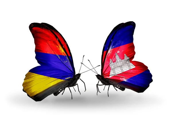 Mariposas con banderas de Armenia y Camboya en alas — Foto de Stock