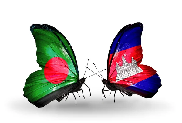 Papillons avec drapeaux Bangladesh et Cambodge sur les ailes — Photo