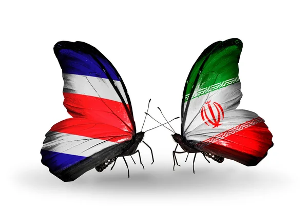 Butterflies with  Costa Rica and   Iran flags on wings — Stock Photo, Image