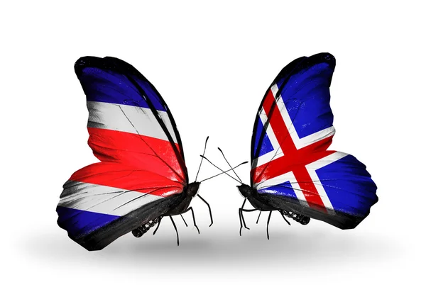 Butterflies with Costa Rica and  Iceland flags on wings — Stock Photo, Image