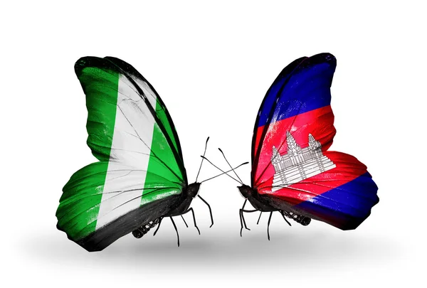 Butterflies with Nigeria and  Cambodia flags on wings — Stock Photo, Image