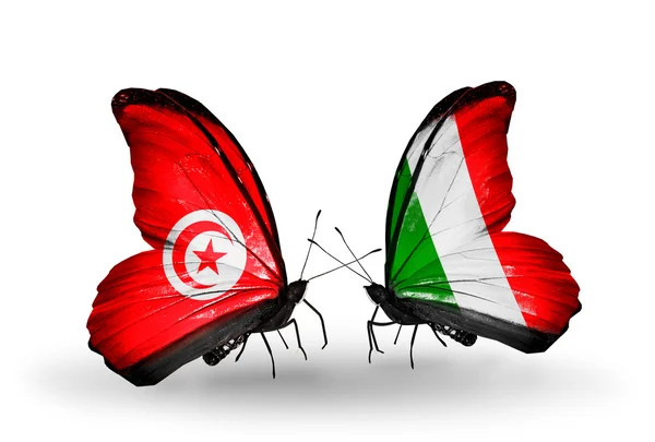 Farfalle con bandiere Tunisia e Italia su ali — Foto Stock