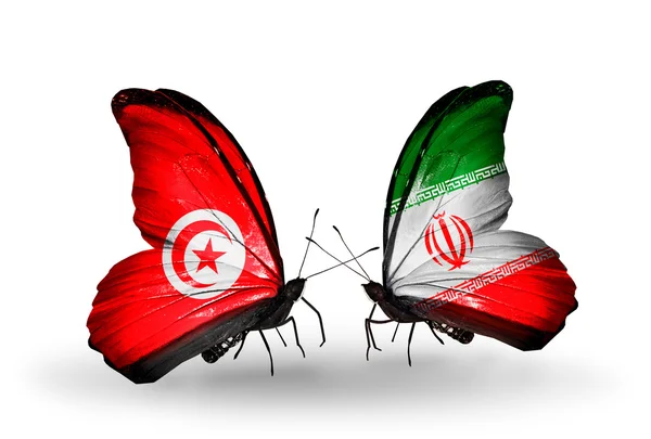 Borboletas com bandeiras da Tunísia e do Irã em asas — Fotografia de Stock