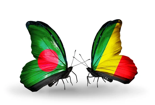 Papillons avec drapeaux Bangladesh et Kongo sur les ailes — Photo
