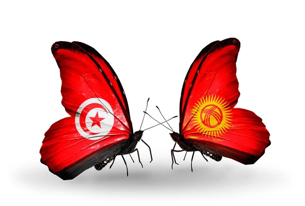 Butterflies with Tunisia and Kirghiz flags on wings — Stock Photo, Image