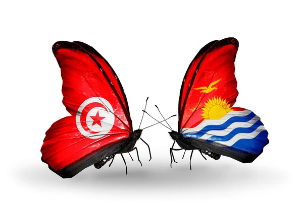Papillons avec drapeaux Tunisie et Kiribati sur les ailes — Photo