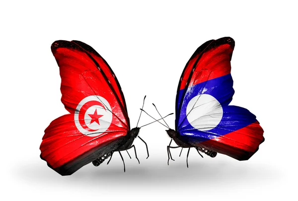 Papillons avec drapeaux Tunisie et Laos sur les ailes — Photo