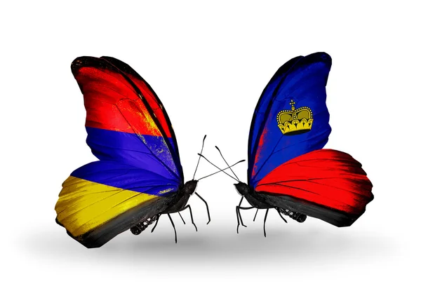 Mariposas con banderas de Armenia y Liechtenstein en alas — Foto de Stock