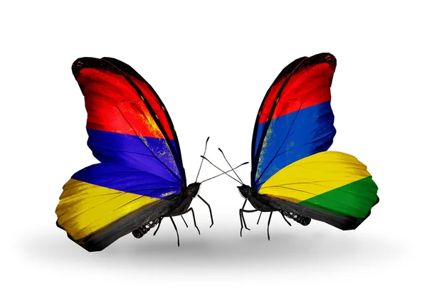 Butterflies with Armenia and  Mauritius flags on wings — Stock Photo, Image