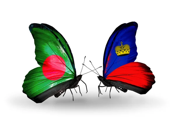 Farfalle con bandiere Bangladesh e Liechtenstein sulle ali — Foto Stock