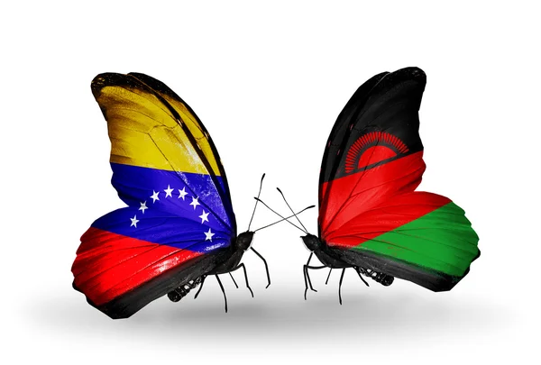 Schmetterlinge mit Venezuela und Malawi-Flaggen auf Flügeln — Stockfoto