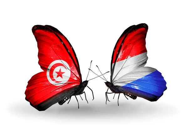 Motýli s Tuniskem a Lucembursko vlajky na křídlech — Stock fotografie