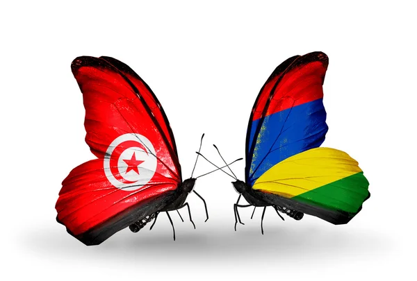 Papillons avec drapeaux Tunisie et Maurice sur les ailes — Photo