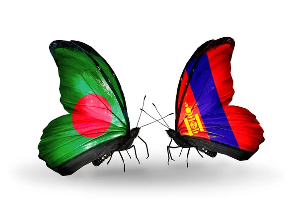 Mariposas con banderas de Bangladesh y Mongolia en alas — Foto de Stock