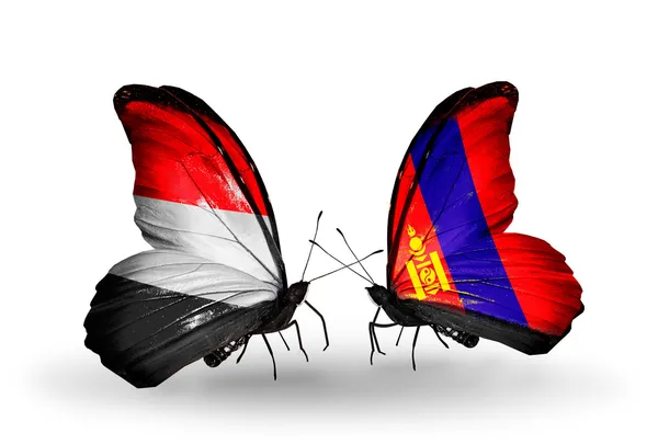 Mariposas con banderas de Yemen y Mongolia en alas —  Fotos de Stock