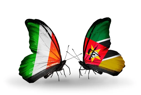 Mariposas con banderas de Irlanda y Mozambique en alas — Foto de Stock