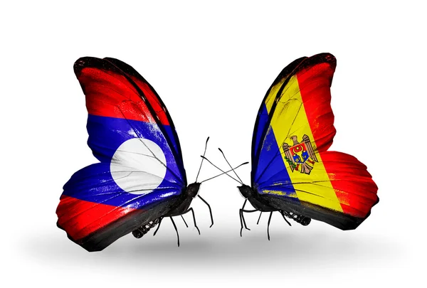 Papillons avec drapeaux Laos et Moldavie sur les ailes — Photo