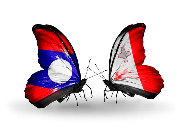 Mariposas con banderas de Laos y Malta en alas — Foto de Stock