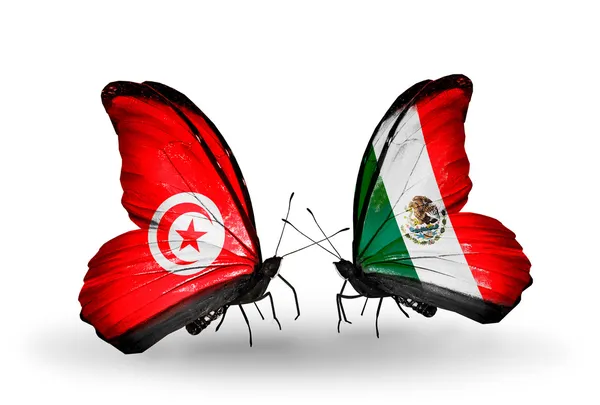 Butterflies with Tunisia and Mexico flags on wings — Stock Photo, Image