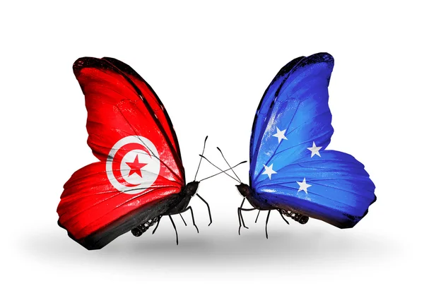 Farfalle con bandiere Tunisia e Micronesia sulle ali — Foto Stock