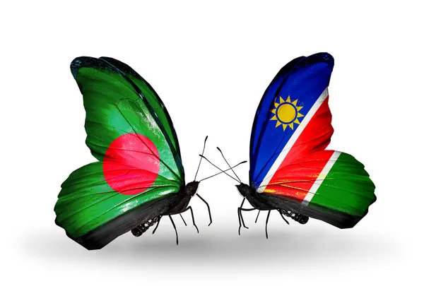 Motýli s Bangladéšem a Namibie vlajky na křídlech — Stock fotografie