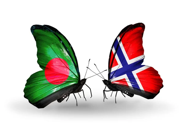 Kelebek kanatları üzerinde Bangladeş ve Norveç bayrağı ile — Stok fotoğraf