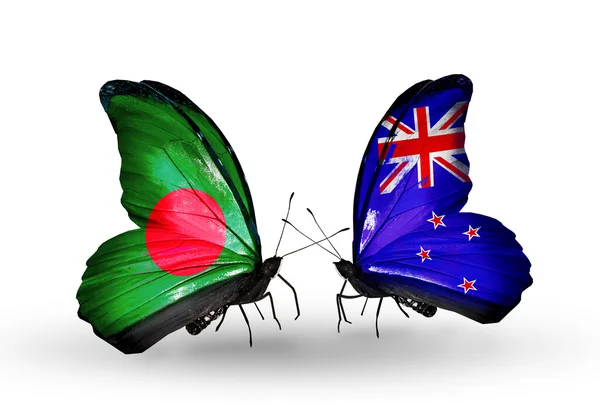 Butterflies with Bangladesh and New Zealand flags on wings — Stock Photo, Image