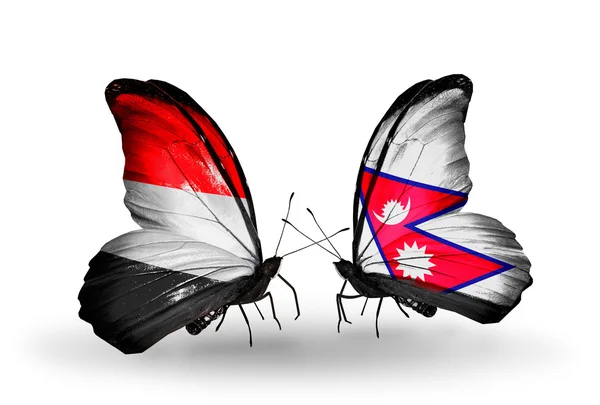 Πεταλούδες με την Υεμένη και το Νεπάλ σημαίες με φτερά — Φωτογραφία Αρχείου
