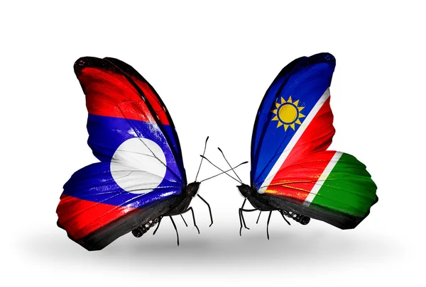 蝴蝶翅膀上的老挝和纳米比亚标志 — 图库照片