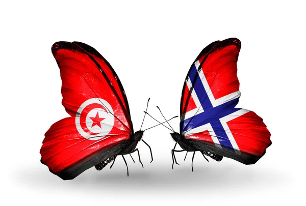 Kelebek kanatları üzerinde Tunus ve Norveç bayrağı ile — Stok fotoğraf